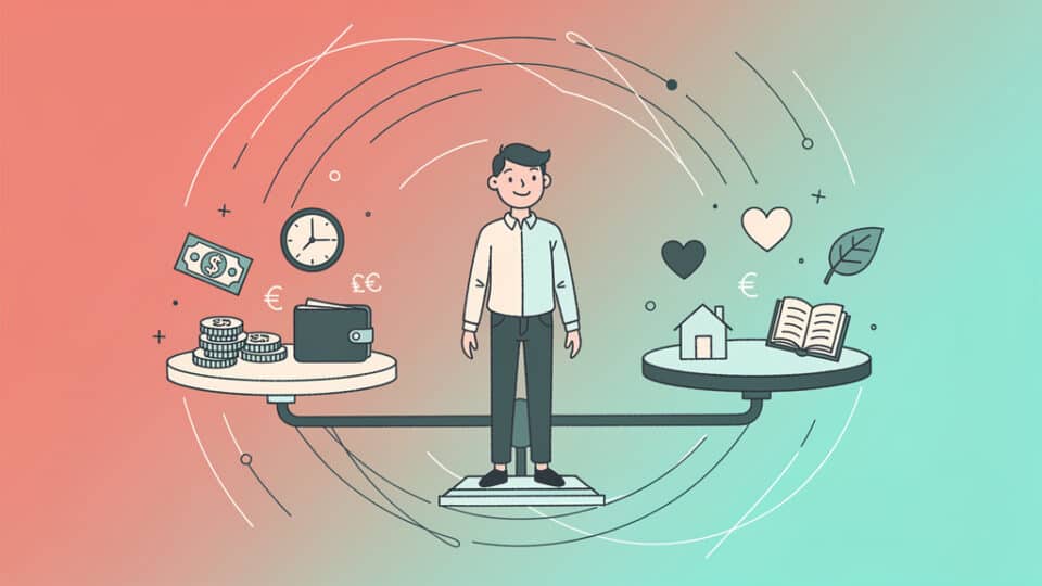 Ilustracja przedstawia osobę na równoważni z symbolami finansów i edukacji wokół.
