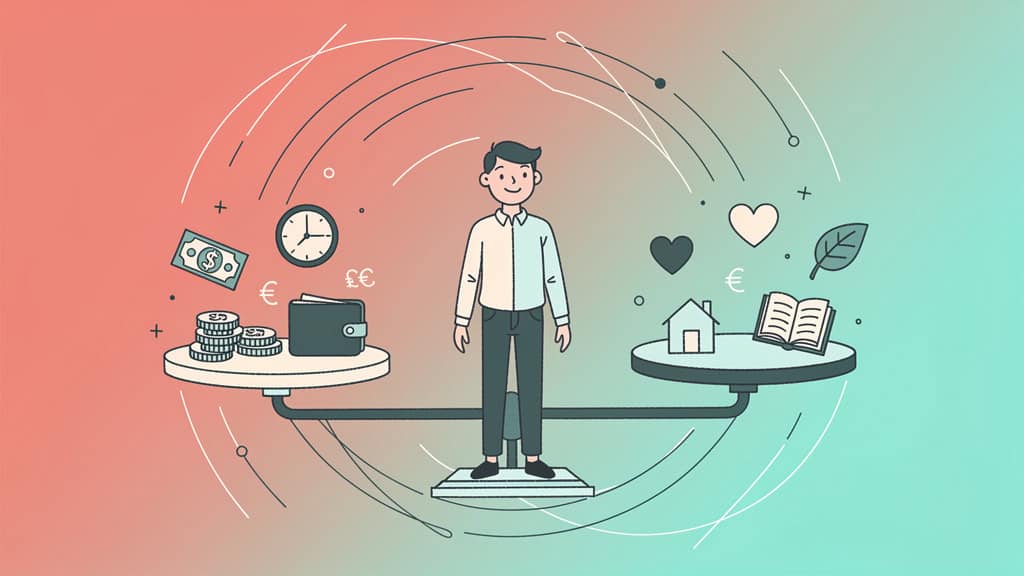 Ilustracja przedstawia osobę na równoważni z symbolami finansów i edukacji wokół.