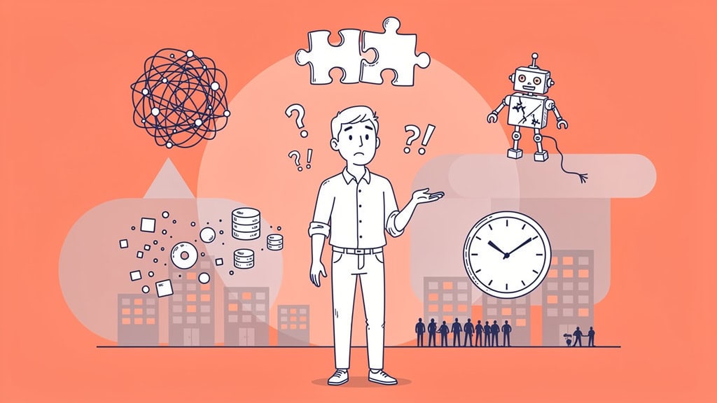 Brakujące elementy układanki, robot, zegar i ludzie na tle miasta, ilustracja edukacyjna.