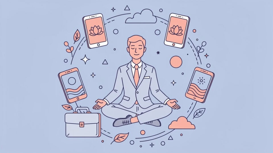 Medytujący mężczyzna w biurze z telefonami i laptopami, relaks i mindfulness, kurs na cel.