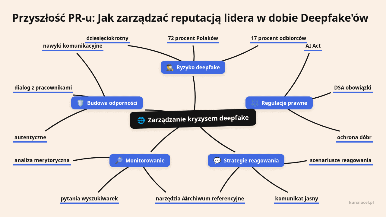 Diagram przedstawiający zarządzanie kryzysem deepfake i jego elementy.