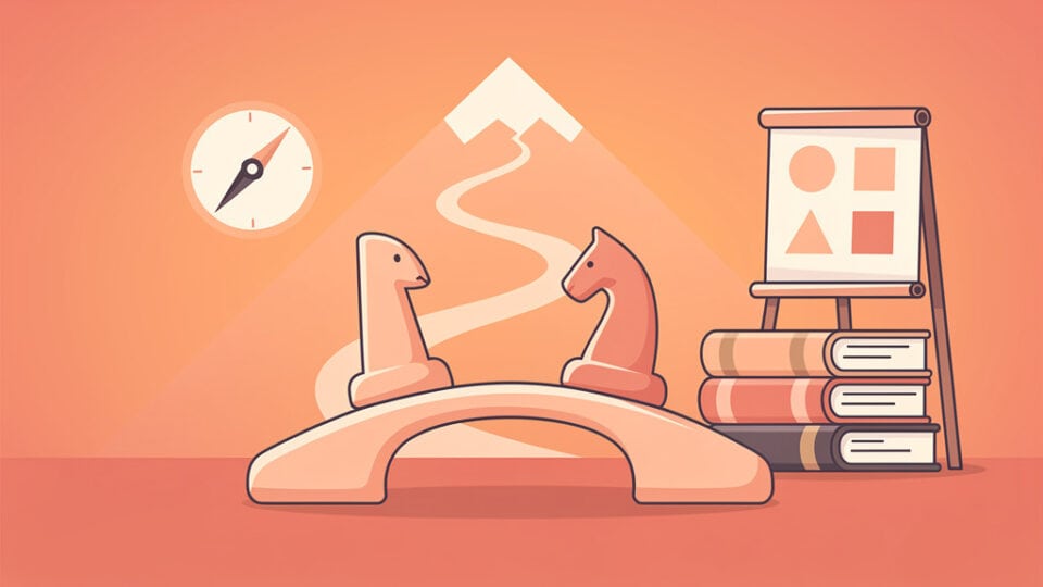 Ilustracja z dwoma konikami na huśtawce, książkami i tablicą edukacyjną na tle górskiego krajobrazu.